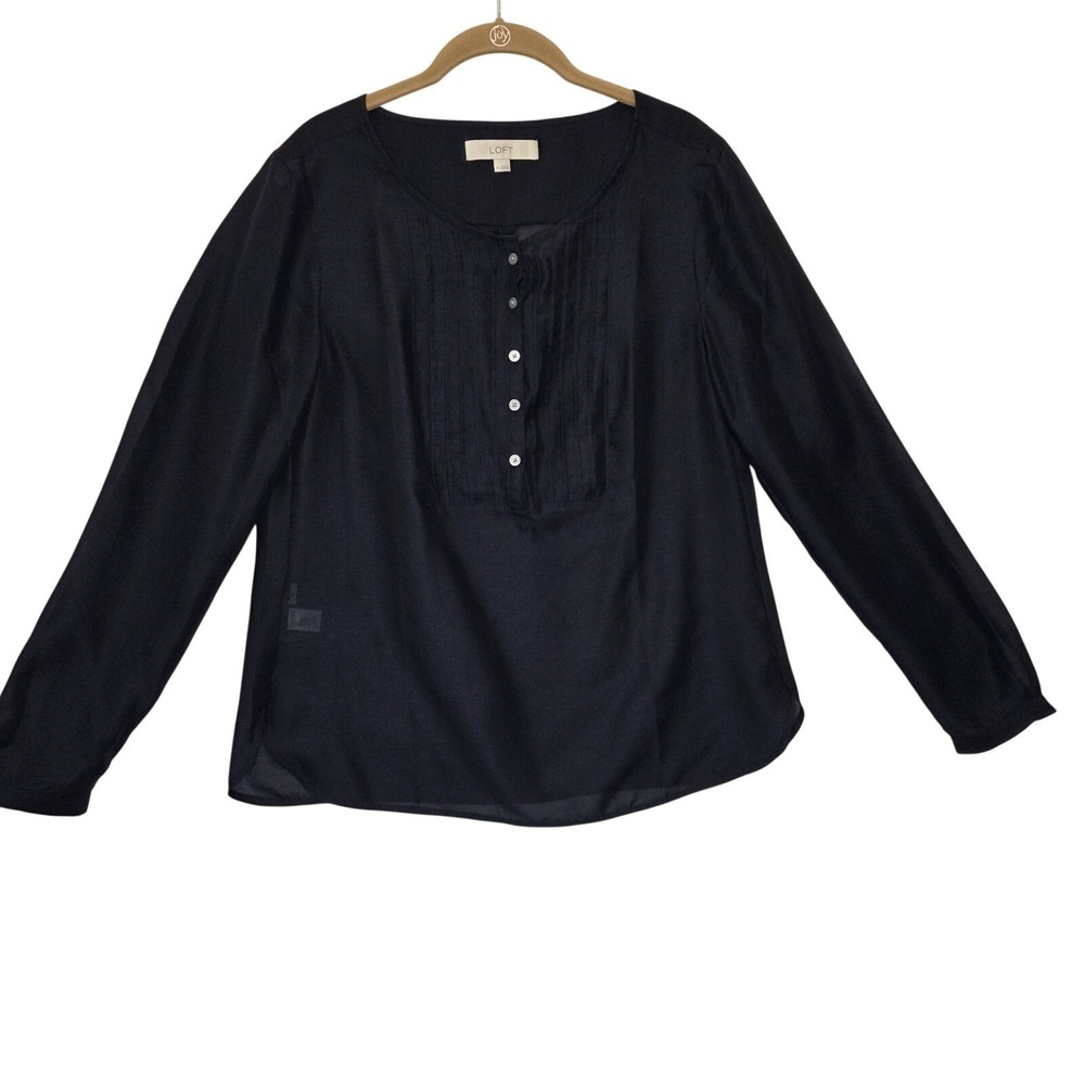 Ann Taylor‎ LOFT Womens Navy Pleated Bib Long Sleeve Button Front Blouse Size M